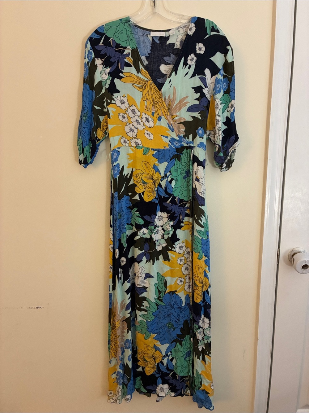 New York & Company Floral Wrap Maxi Dress in Yellow, Blue & Green